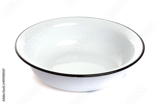 blue enamel bowl with a black border on a white isolated background