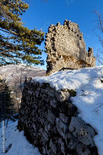 The crumbling walls of the Mani Castle. San Lorenzo in Banale, Giudicarie, Trentino, Italy.