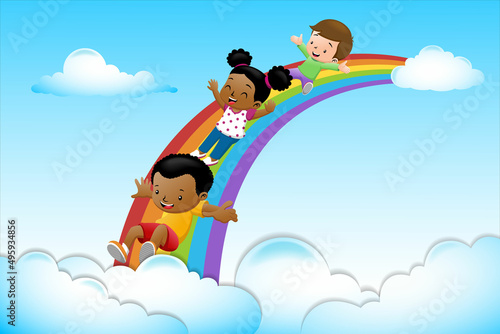 Cartoon of kids sliding on rainbow in the sky