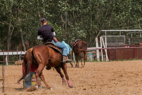 horse farm, a young rider on horseback trains an animal to go around an obstacle