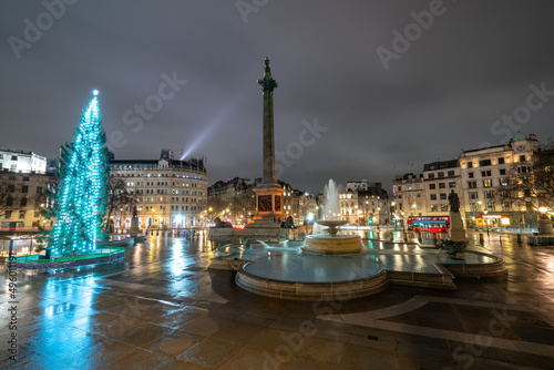 Trafalgar Square with Christmas tree in London England 