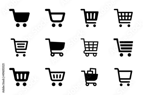 Shopping cart icon set. Shopping trolley icon collection. Online business symbol in black design.