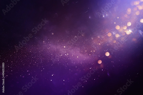 purple, gold and black glitter vintage lights background. defocused