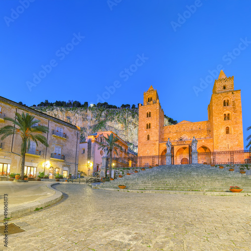 Attractive evening view on Cathedral-Basilica of Cefalu or Duomo di Cefalu and square Piazza del Duomo