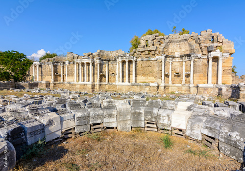 Ruins of Monumental Fountain (Nymphaeum) in ancient Side, Antalya, Turkey
