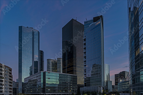 La Defense District and Towers Skyline at Sunset With Blue Sky and Light Reflections