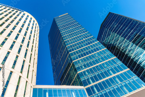 Newly developed towers of modernistic office and hotel complex at Towarowa street in booming Wola business district of city center in Warsaw, Poland