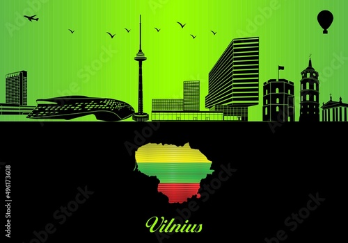Vilnius city skyline silhouette - illustration, Town in Green background, Map of Lithuania
