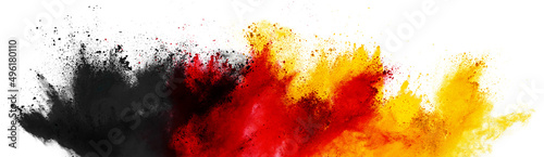 colorful german flag black red gold yellow color holi paint powder explosion isolated white background. germany europe celebration soccer travel tourism concept