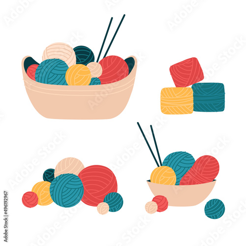 A set of yarn in a basket, a pile of wool for crochet, knitting. Skein, ball, bobbin. Isolated flat vector illustration