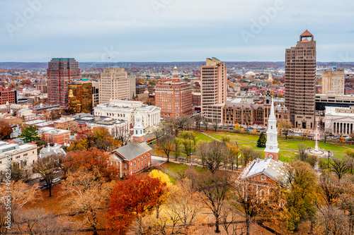 Aerial Downtown New Haven during the fall