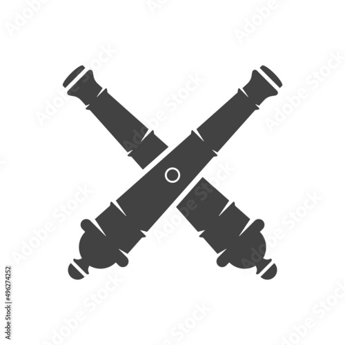 Two cannons vector illustration. Cannon silhouette isolated on white background. Vector object for labels, badges, logos design. Weapon logo, old cannon icon.