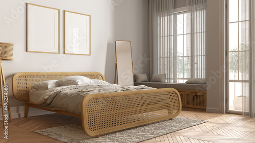 Scandinavian modern wooden bedroom with rattan furniture in white tones, frame mockup, double bed with duvet and pillows, window with bench, carpet, mirror, lamp and decors. Parquet