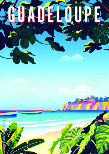 Guadeloupe travel poster. Beautiful landscape with boats, beach, palms and sea in the background. Handmade drawing vector illustration.