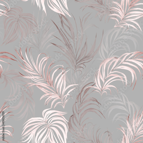seamless watercolor pattern with flower orchid, tropical leaves, branches. Botanical tile, background.