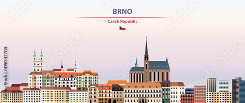 Brno cityscape on sunset sky background vector illustration with country and city name and with flag of Czech Republic