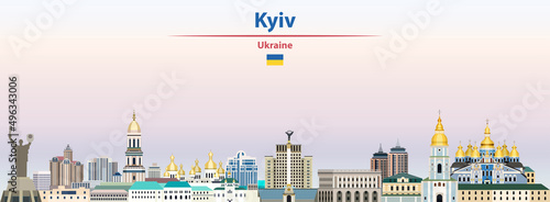 Kyiv cityscape on sunset sky background vector illustration with country and city name and with flag of Ukraine