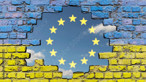 Loch in Mauer mit Ukraine-Fahne vor Himmel mit EU Sternen