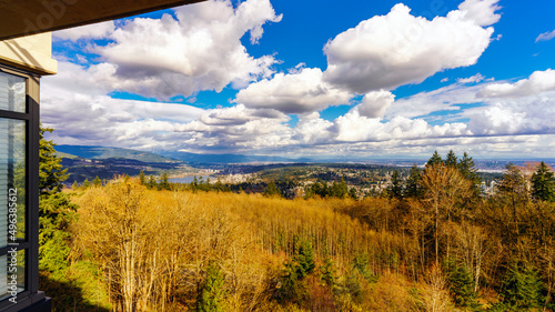 Scenic view of Fraser Valley at the cusp of Spring as seen from a residence in Univercity on Burnaby Mountain, BC