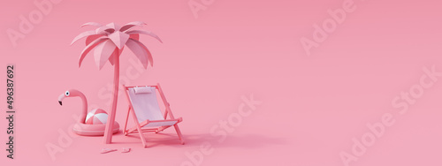 Beach chair and pink flamingo under a palm tree on pink background. Creative minimal summer concept idea 3D Render 3D illustration