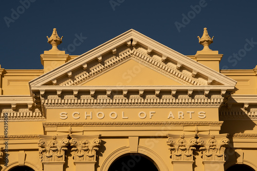 Inticate detail of the pediment on the old historic and heritage listed School of Arts building in Rockhampton, Queensland.