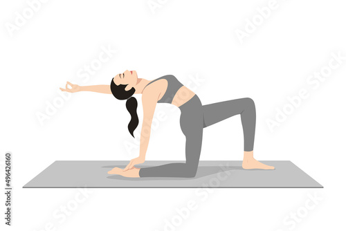 Half Camel Pose On Toe One Leg In Front. Beautiful girl practice Ardha Ustrasana On Toe One Leg In Front. Young attractive woman practicing yoga exercise. working out, black wearing sportswear, grey