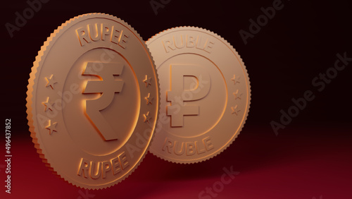Indian rupee coin and Russian ruble coin. Rupee ruble trade concept. 3D rendering illustration. 