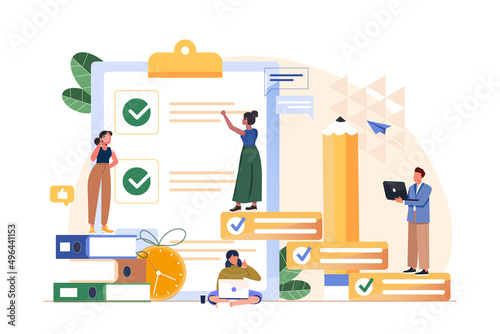 To do list with task priorities, notepad with check marks and pencil. Tiny people doing priorities checklist flat vector illustration template. Work planning, time and project management concept.