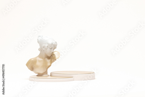 3D rendering of female bust statue and podium on beige and white background. Minimal creative futuristic concept. 