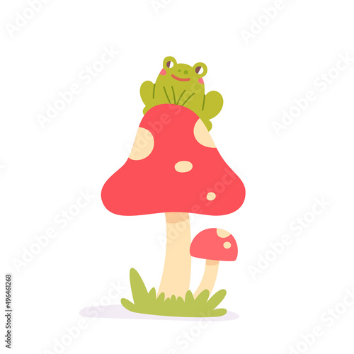 Funny green adorable frog sitting on fly agaric mushrooms, cute forest toad and toadstool