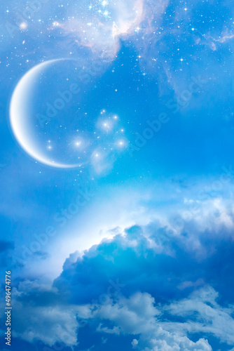 abstract angelic mystic mystical magic magical religious spiritual blue and gray background with stars and cloudy sky and moon 