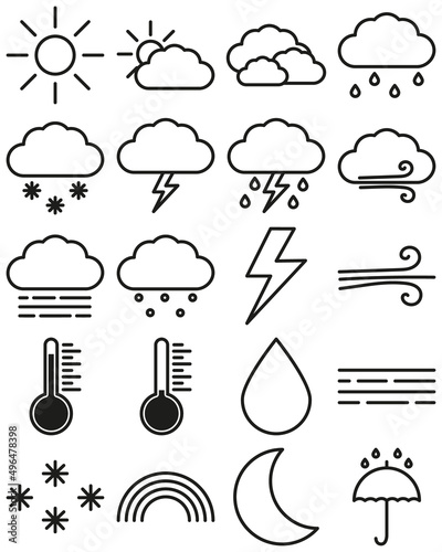 Zestaw ikon pogoda. Grafika wektorowa przedstawiająca zjawiska pogodowe.