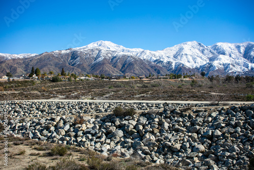 Yucaipa, California, Flood Control Groundwater Percolation Site with the Snow Capped Mountains in the Background Showing Hydrology and Run-off Measures Design