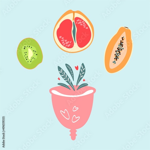 Grejpfrut fruit, Papaya fruit and Kiwifruit. Vector illustration with menstrual cup and flowers and leaves. Eco protection for woman in critical days. Women period. Intimate hygiene.
