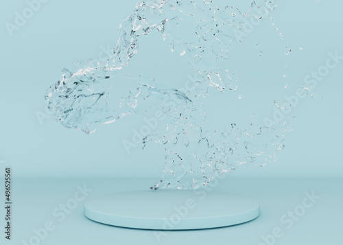 Round podium with water splash on light blue background. Mock up for product, cosmetic presentation. Pedestal or platform for beauty products. Empty scene. Freshness, purity. 3D rendering.