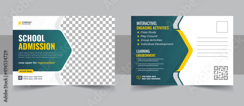 Kids back to school education admission postcard template design.