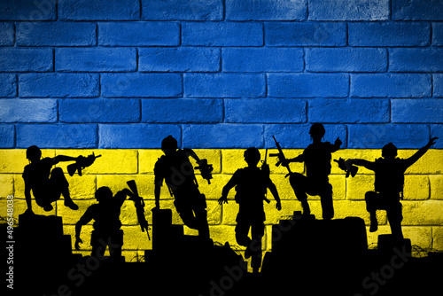 Flaga Ukrainy namalowana na ceglanym murze. The flag of Ukraine painted on a brick wall.