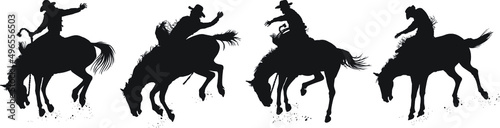 Vector silhouettes of a rodeo cowboy riding a bucking bronc. A saddle bronc rider and a bareback bronc rider.