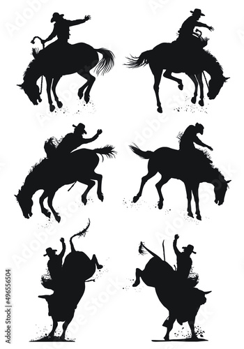 Vector silhouettes of a rodeo cowboy riding a bucking bronc and a bull. A saddle bronc rider, Bareback bronc rider and a bull rider.