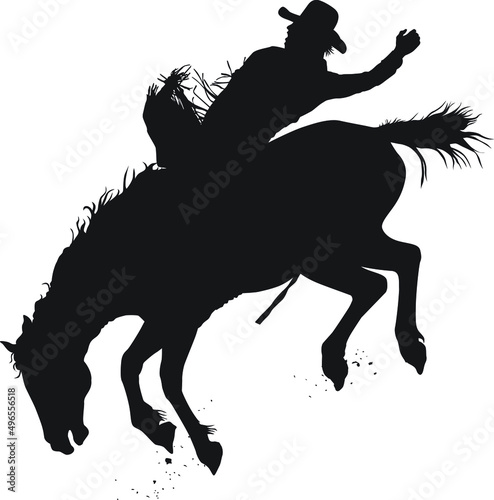 Vector silhouette of a rodeo cowboy riding a bucking bronc In the bareback bronc rodeo event.