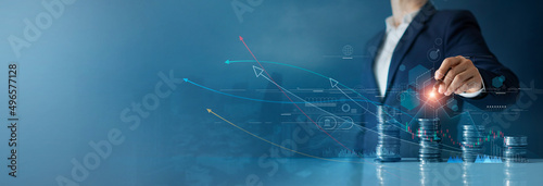 .Businessman draw growth graph analysing stock market profit on global business investment. Banking, financial planning management strategy for business growth and succes on data networking.