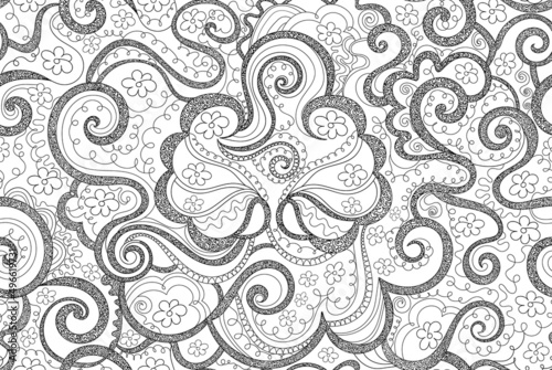 Decorative vector seamless pattern with beautiful hand drawn linear ornament, curls and flowers