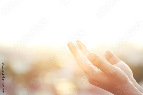 Human hands open palm up worship Praying with faith and belief in God of an appeal to the sky. Concept Religion and spirituality with believe Power of hope or love and devotion. filler tone vintage.