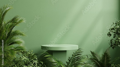 Green podium in tropical forest for product presentation and green wall.