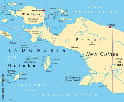 Western New Guinea, political map. Also known as Papua. Western portion of the Melanesian island of New Guinea, administered by Indonesia, with the provinces Papua and West Papua. English labeling.