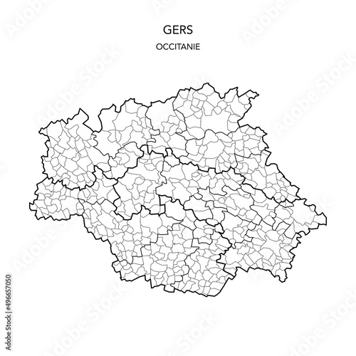 Map of the Geopolitical Subdivisions of The Département Du Gers Including Arrondissements, Cantons and Municipalities as of 2022 - Occitanie - France