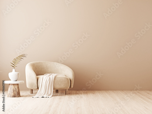 Warm neutral interior wall mockup in soft minimalist living room with rounded beige armchair, wooden side table and palm leaf in vase. Illustration, 3d rendering.