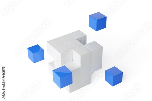Blue cubes offset from box of white cubes isolated on white background, business partnership, teamwork or software module concept