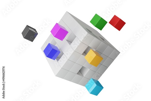 Different colored cubes floating out of box of cubes isolated on white background, business partnership, teamwork or software module concept