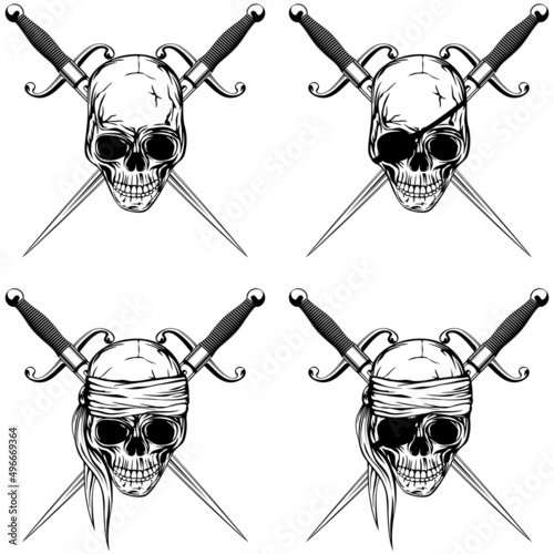 Vector illustration pirate skull with cutlass set. Skull with a bandage on his head and without